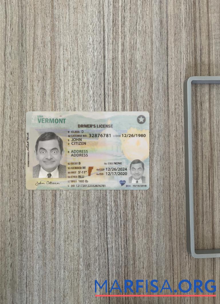 Realistic USA Vermont driving license 2020 present photolook real example